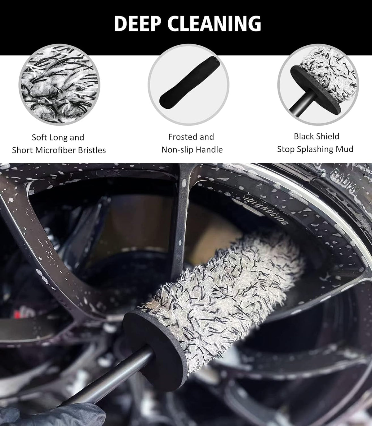 YeewayVeh 4Pack Car Wheel Cleaning Kit, Bendable Wheel Brush and Microfiber Rim Cleaner Brush, Tire Brush and Car Detailing Brush, Soft & No-Scratch Car Wheel Rim Brush Set for All Wheel Types, Red