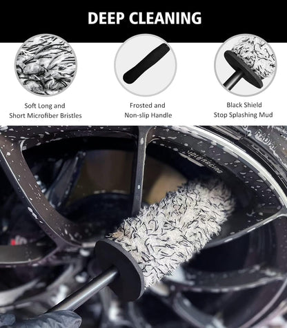 YeewayVeh 4Pack Car Wheel Cleaning Kit, Bendable Wheel Brush and Microfiber Rim Cleaner Brush, Tire Brush and Car Detailing Brush, Soft & No-Scratch Car Wheel Rim Brush Set for All Wheel Types, Red