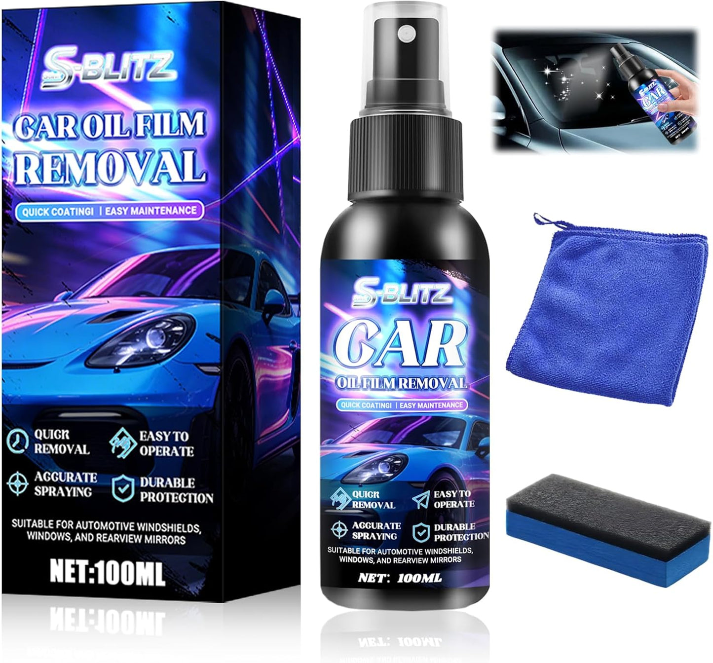 Car Oil Film Removal Spray, Clear Vision Glass Cleaner, 100ml Clear Vision Windshield Cleaner with Microfiber Cloths, Quick Coating for Automotive Windows and Rearview Mirrors