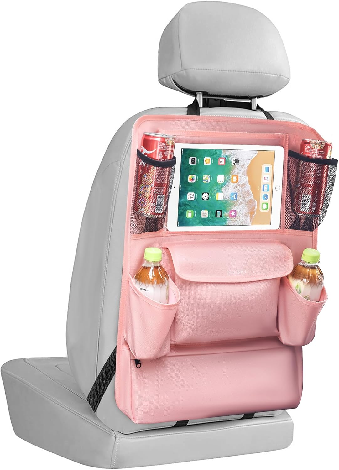 LUCMO Car Backseat Organizer with Tablet Holder,6 Storage Pockets Car Storage Organizer with Foldable Food Tray,Protectors Kick Mats Travel Accessories-Black