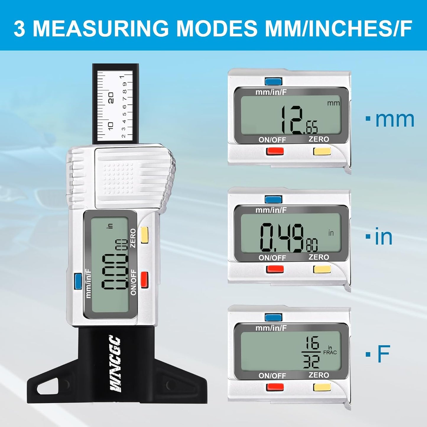 3 Modes Digital Tire Tread Depth Gauge, Tire Depth Gauge with Fractional Inch, Decimal Inch and Millimeter for Motorcycles, Cars, Trucks, Vans, SUV