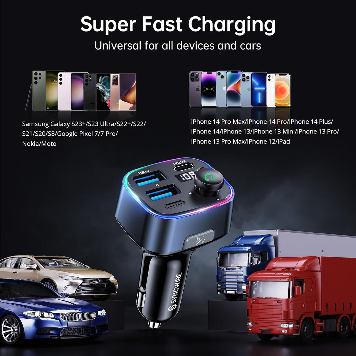 Syncwire Bluetooth 5.4 FM Transmitter Car Adapter 48W (PD 36W & 12W) [Light Switch] [HiFi Bass Sound] [Fast Charging] Wireless Radio Music Adapter LED Display Hands-Free Calling Support USB Drive