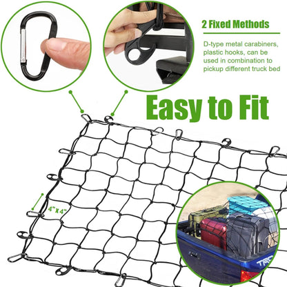 3' x 4' Cargo Net Stretches to 6' x 8', Heavy Duty Cargo Netting for Pickup Truck Bed, Roof Rack Net with Hooks Carabiners