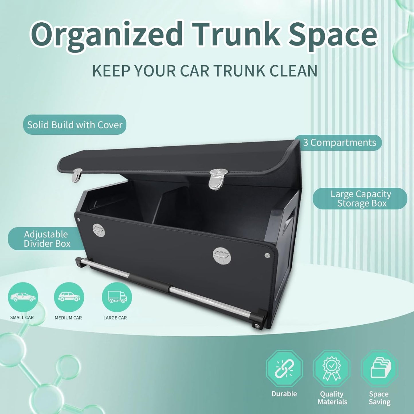 XCF Car Trunk Organizer, Leather Trunk Organizer for SUV with Lid and Sturdy Handle Car Storage Organizer (Black, 20.47 x 11.42 x 12.2in)