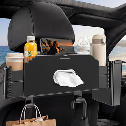 5-in-1 Back Seat Car Organizer and Storage with Extendable Cup Holder, Tissue Holder, Phone Holder, Hanging Hooks, Trash Bin, Back of Seat Car Headrest Organization Accessories for Women Man
