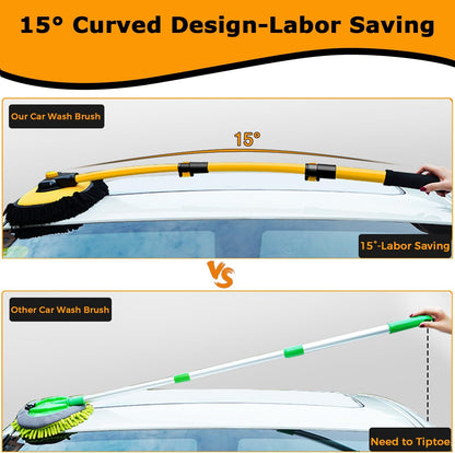 WillingHeart 15° Curved Car Wash Brush with Long Handle 43" Extension Pole RV Truck Microfiber Cleaning Mop Auto SUV Wheel Boat Exterior Interior Detailing 2 in 1 Carwash Duster Not Hurt Paint, Yellow