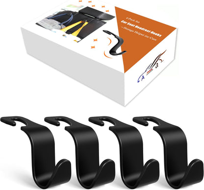 Amooca 4-Pack Car Headrest Hooks Vehicle Storage Organizer for Purses Handbags Groceries Backpack Coats –Holds 55lbs 360° Rotating Black