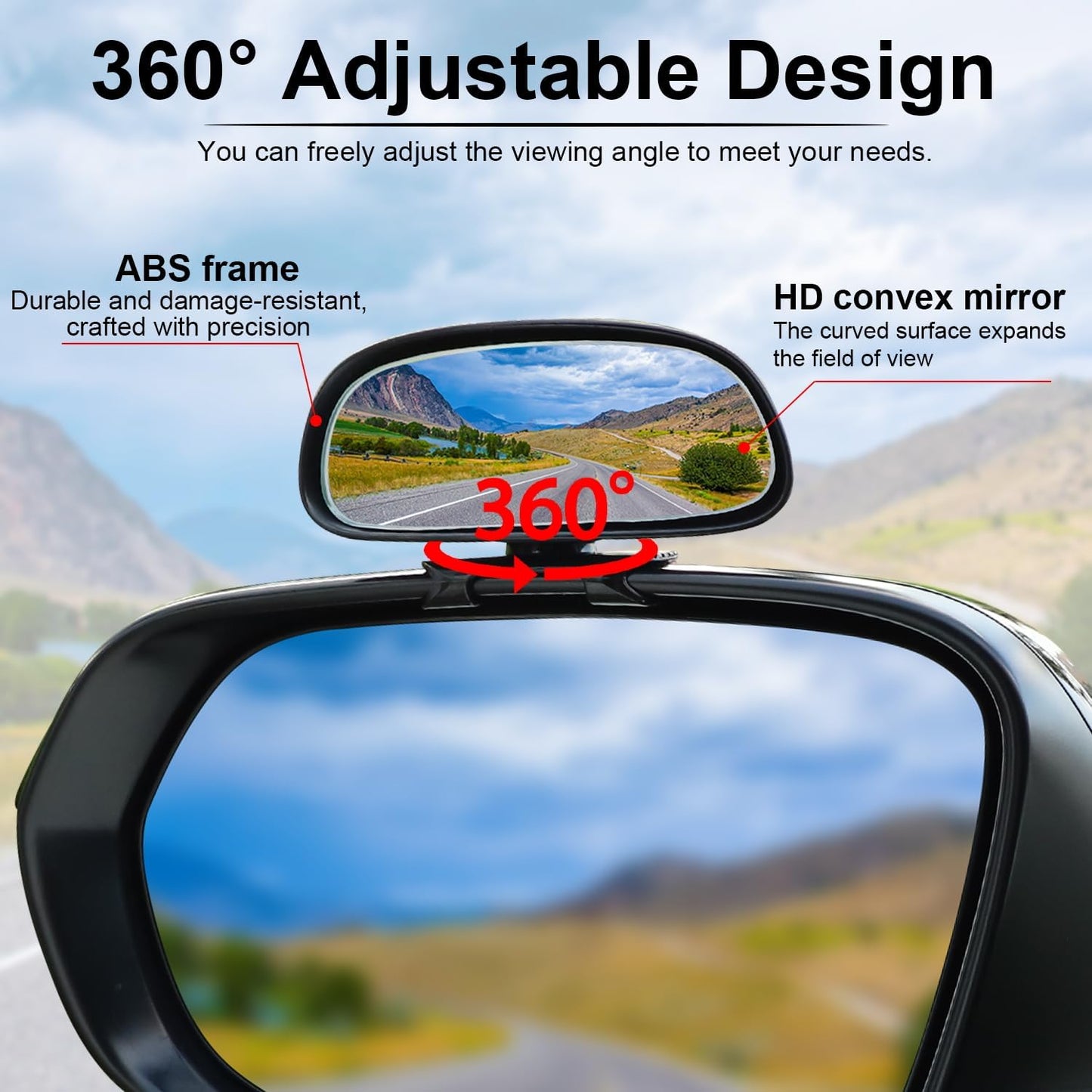 LivTee 2PCS Round Blind Spot Mirror, HD Glass and ABS Housing Convex Wide Angle Rearview Mirror with Adjustable Stick for Universal Car, Black