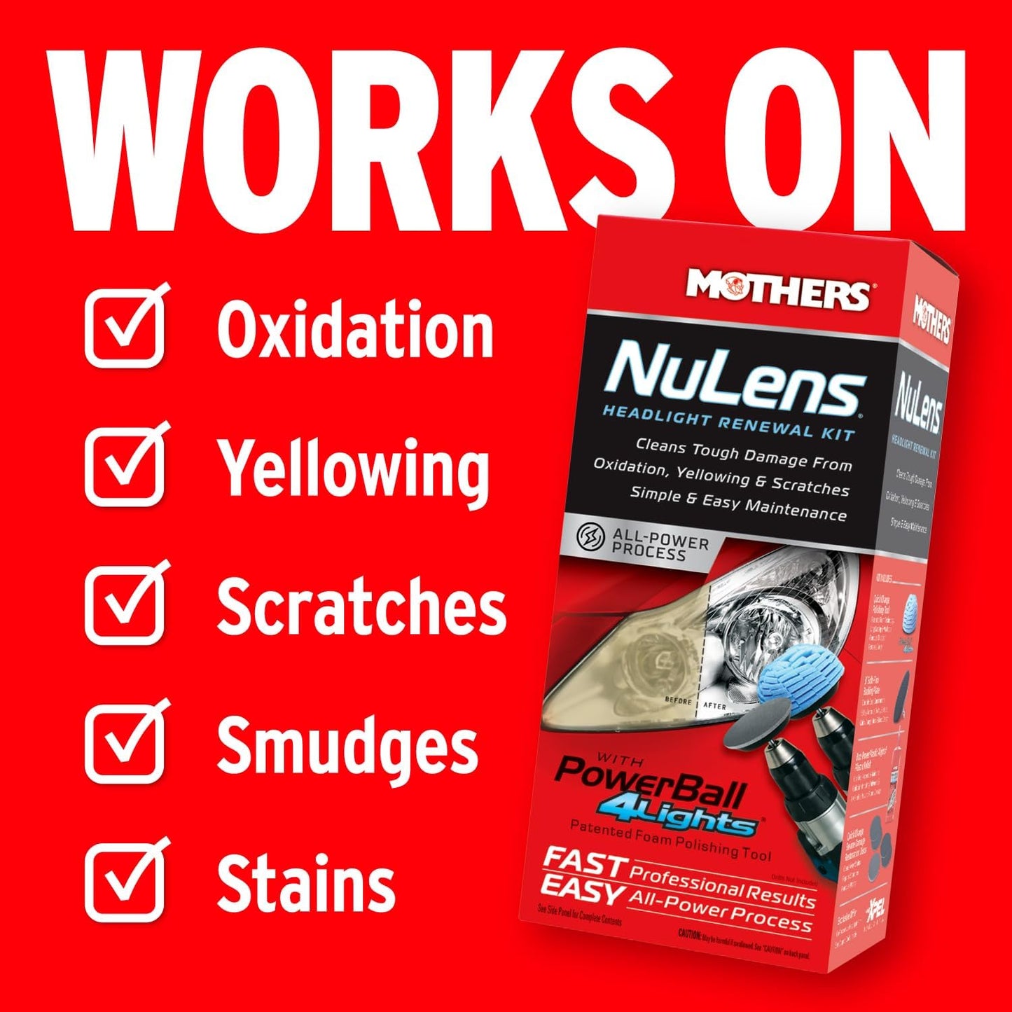 Mothers NuLens Headlight Renewal Kit — Quickly Restores & Maintains Clarity on All Headlight Types – Includes PowerPlastic 4Lights Polish, 8 oz. with Protective, Oxidation-Inhibiting Polymers (07251)