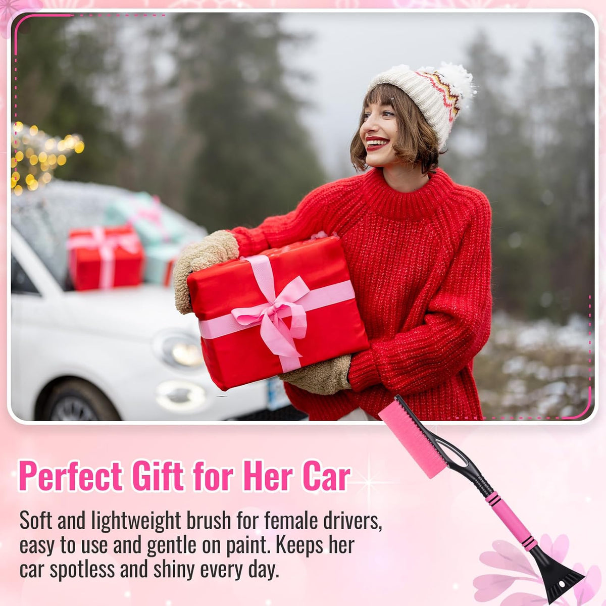 Lasnten 24'' Snow Brush and Ice Scraper for Car Windshield, 2 in 1 Detachable Snow Scraper with Soft Grip Handle and Additional Handhold, Multi-Functional Removal Tool for Car, Truck, SUV(Pink)