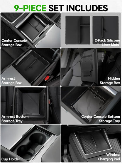 10PCS Center Console Organizer Tray for 2025 2026 Tesla Model Y Juniper Accessories, Under Seat Storage Armrest Hidden Storage Box Cup Holder Charger Pad for Tesla ModelY Juniper (Not fit Standard)