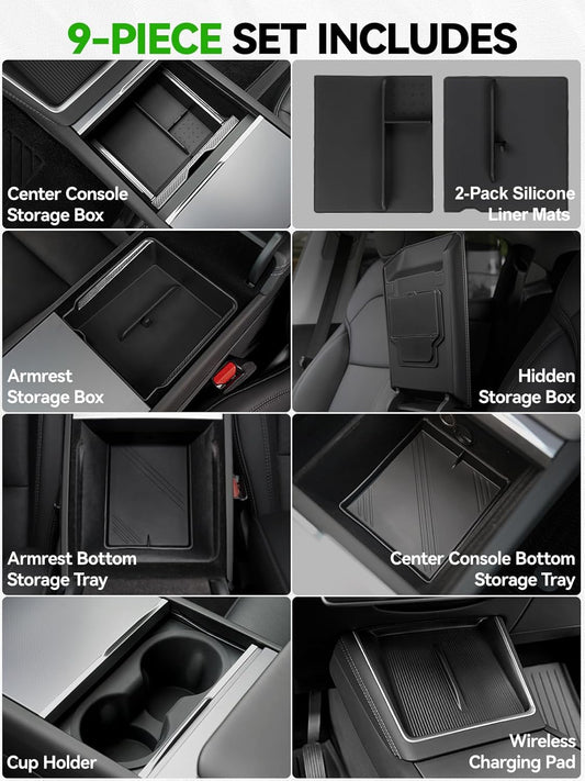 10PCS Center Console Organizer Tray for 2025 2026 Tesla Model Y Juniper Accessories, Under Seat Storage Armrest Hidden Storage Box Cup Holder Charger Pad for Tesla ModelY Juniper (Not fit Standard)