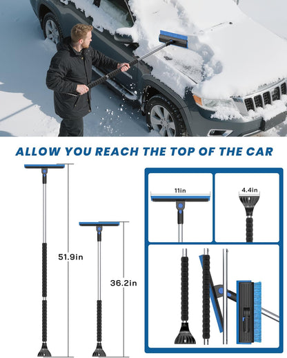 helloleiboo 2025 Extra Long 55.7" Ice Scrapers for Car Windshield Multi-Functional Detachable Car Ice Scraper with Foam Grip and 270° Pivoting Brush Head Snow Brush for SUV Truck Auto (Blue)