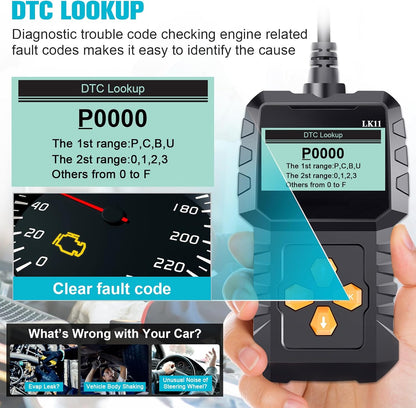 OBD2 Scanner Ease Setup Plug-Play: Clear Reset Engine Error Code Professional Code Reader Diagnostic Scan Tools with Freeze Frame/I/M Readiness for Cars Since 1996 & Newer - LK11