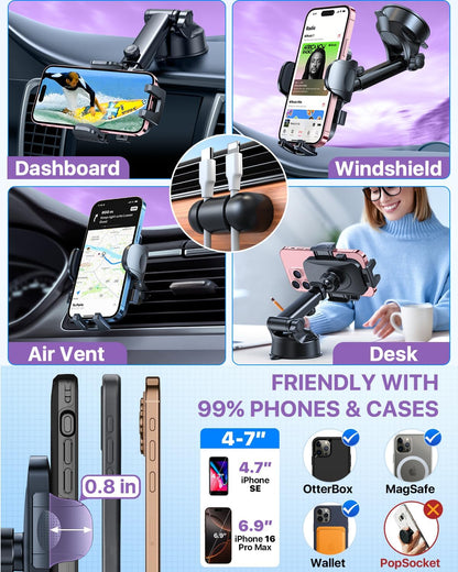 2026 Ultimate Best【True Military-Grade & Safety Cert】Car Phone Holder HTU【Upgraded 360 Rotation & 100+LBS Strongest Suction】5-in-1 Truck Windshield Dashboard Vent Mount Stand for iPhone Android, Black