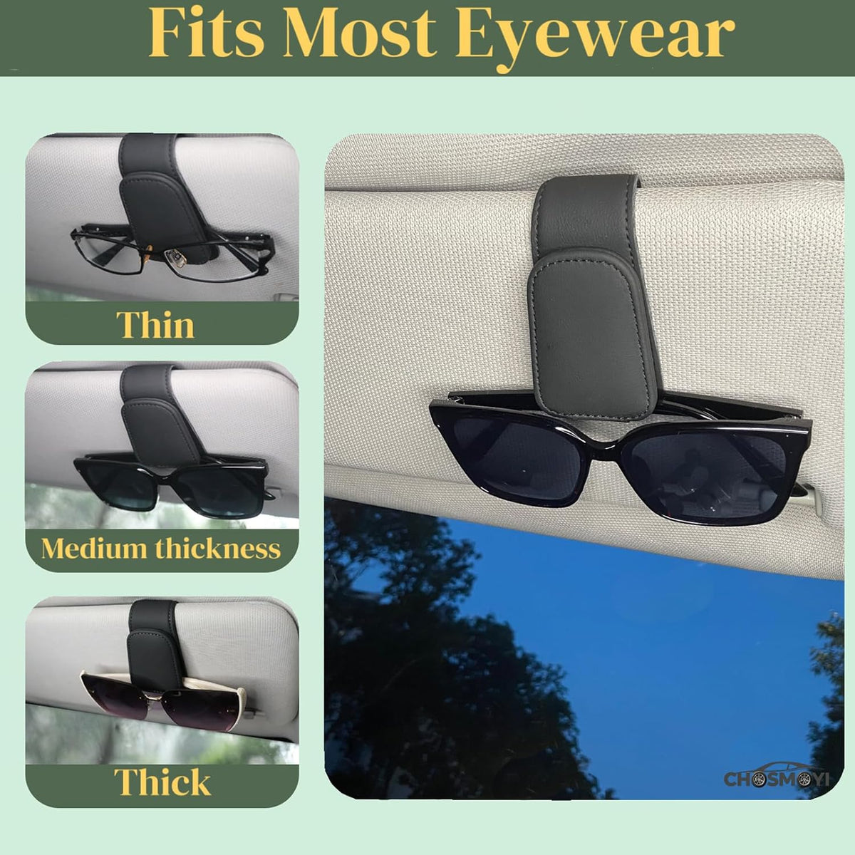 CHOSMOYI Magnetic Leather Sunglass Holder for Car, Sunglasses Clip for Car Visor, Auto Interior Accessories Universal for Different Size Eyeglasses (Black)