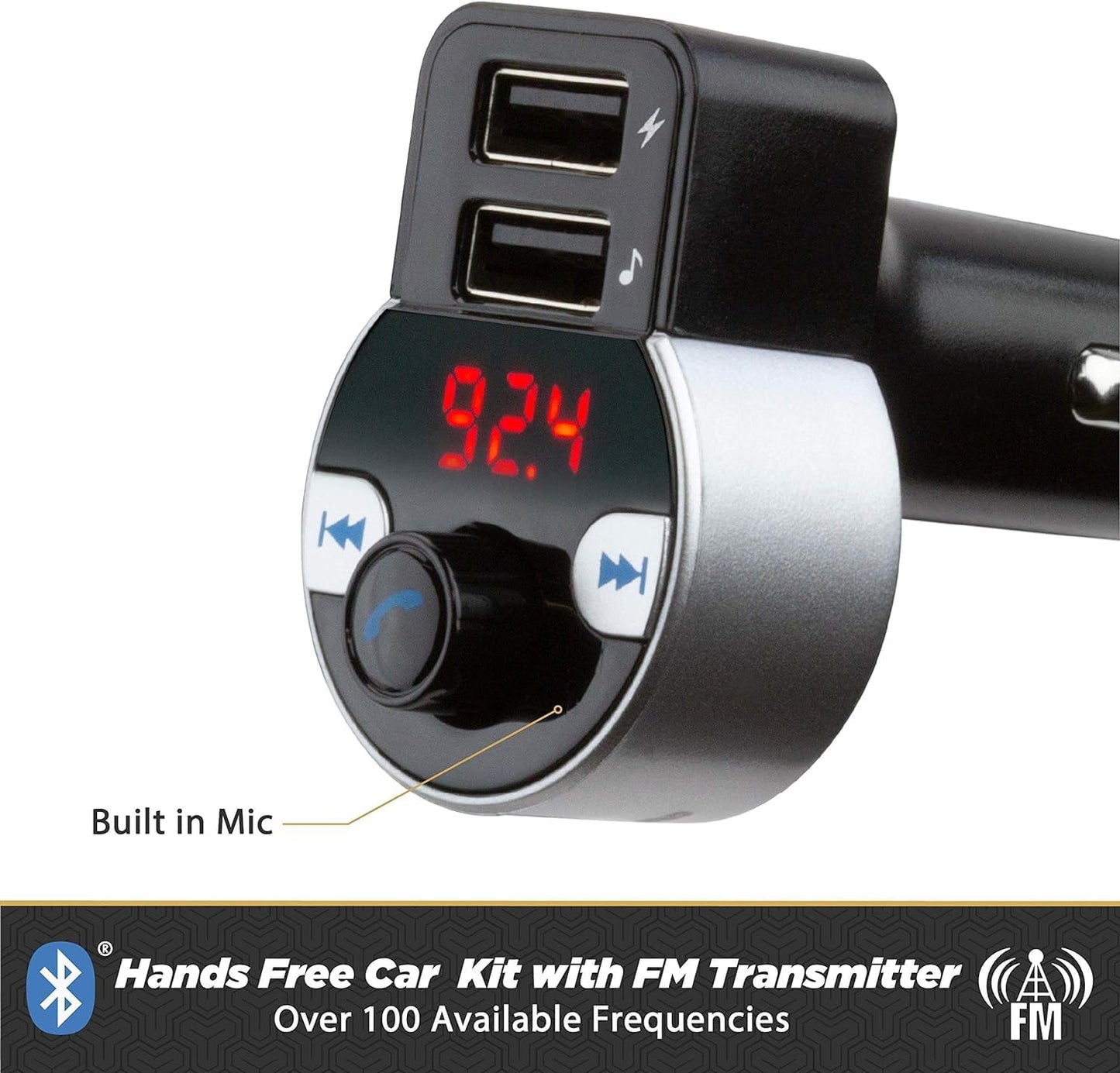 Scosche BTFM8 Bluetooth FM Transmitter Car, Dual 12W USB-C and USB-A Charging Ports, Fast Type-C Car Charger, Wireless Radio Bluetooth Adapter, Hands-Free Car Kit for Calls, Siri and Google Assistant