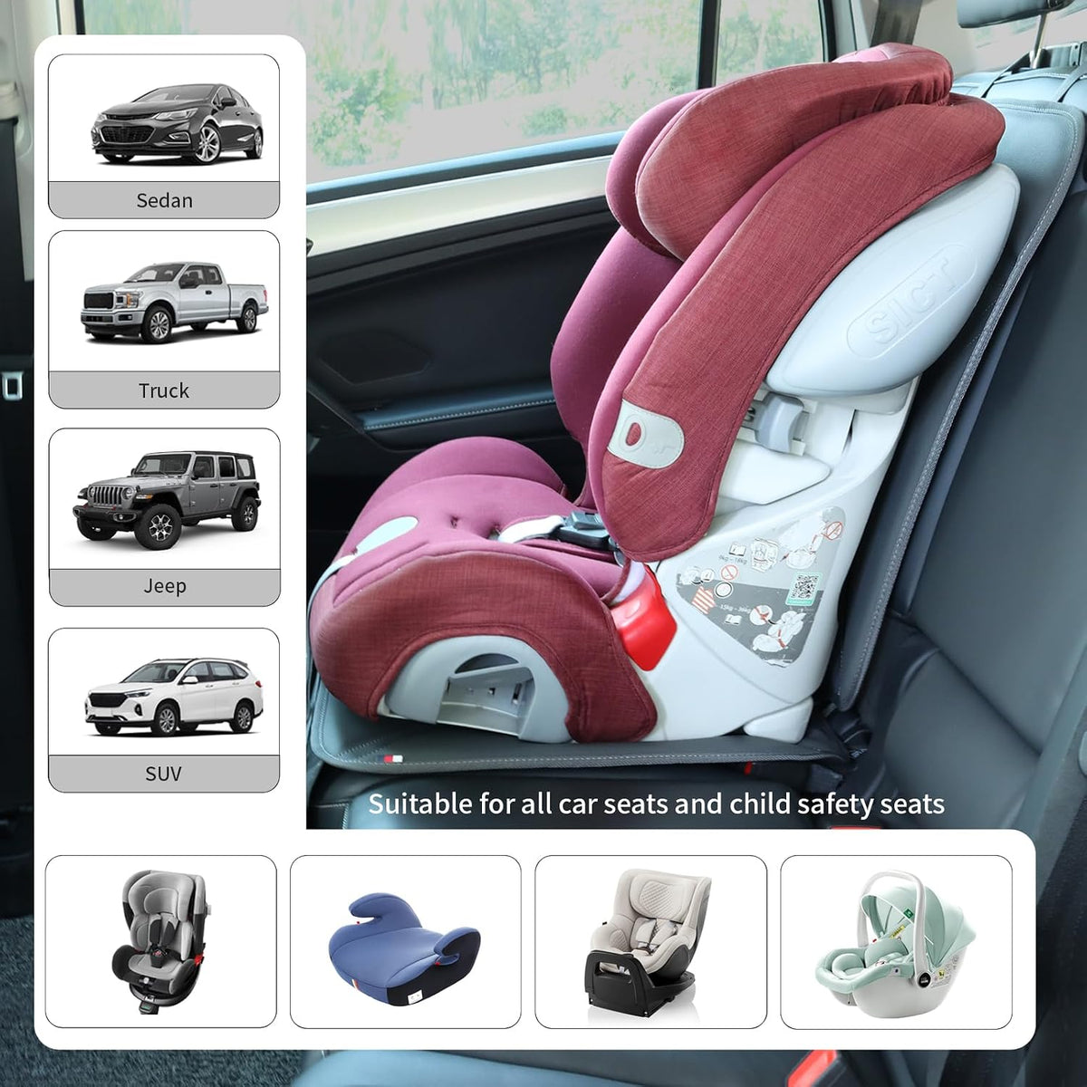Viaviat Car Seat Protector Leather Waterproof Child Safety Seat Protector Cover with Thick Pad and 2 Large Pockets Durable Kick Mat for All Auto Seat (Beige)