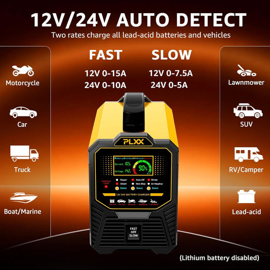 PLXX 12V 24V Car Battery Charger Heavy Duty 0-15A Automatic Smart Trickle Charger with Auto Shutoffs, Repair, Winter Mode, for Automotive Car Truck Motorcycle Lawn Mower Boat Marine AGM
