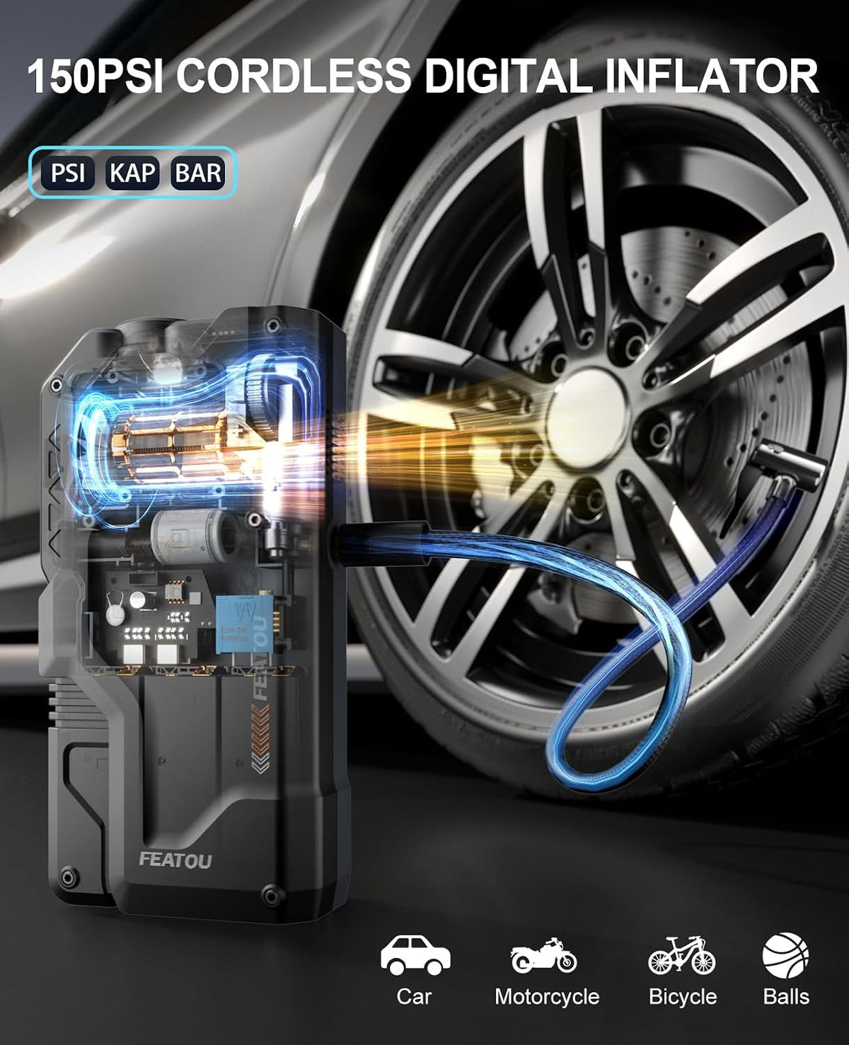 Featou Jump Starter with Air Compressor, 5 in 1 Functional Jump Box 5500A Peak Power Pack with 150PSI Digital Tire Inflator, Portable Car Charger Jumper for 9.0L Gas or 7.5L Diesel