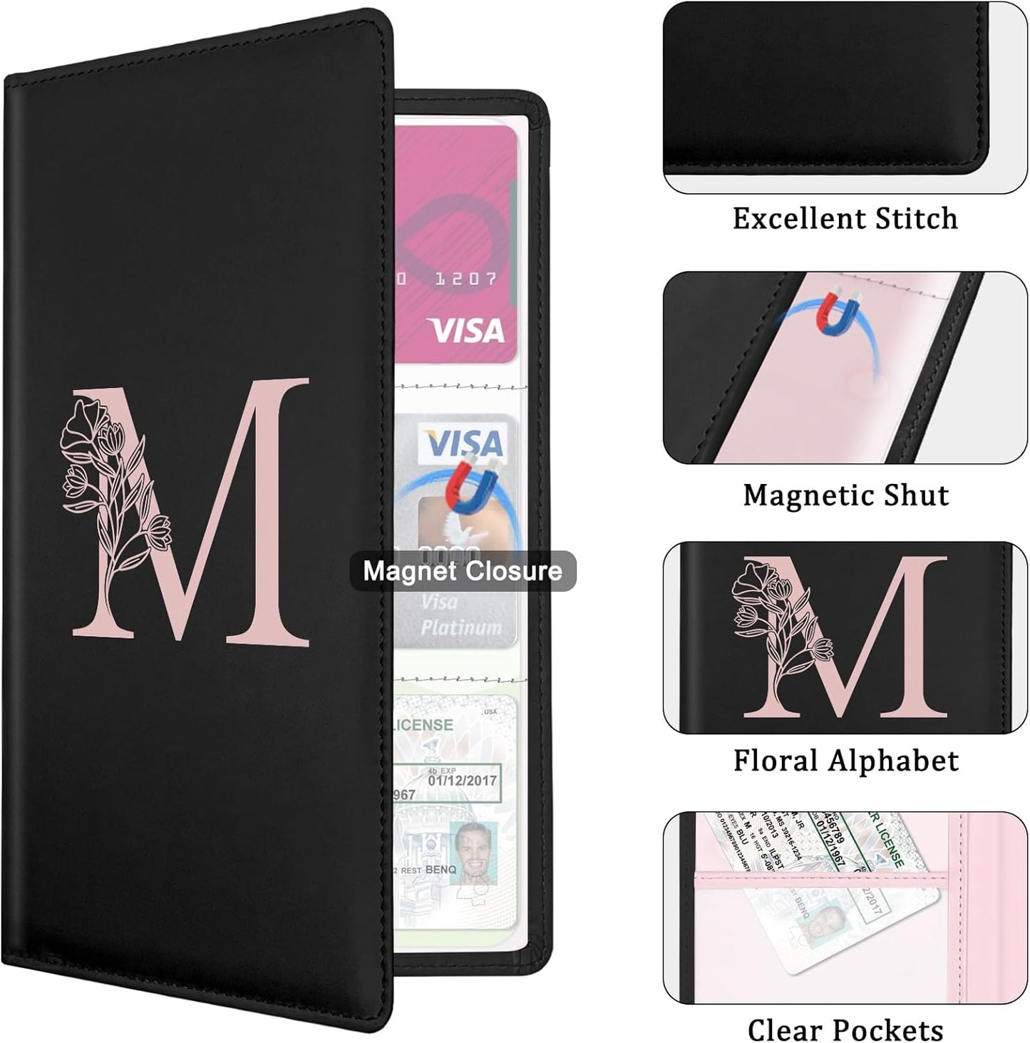 Letter Car Registration and Insurance Holder, with Magnetic Closure for License, Cards and Documents,Vehicle Glove Box Car Organizer, Interior Car Accessories for Women Men (M)