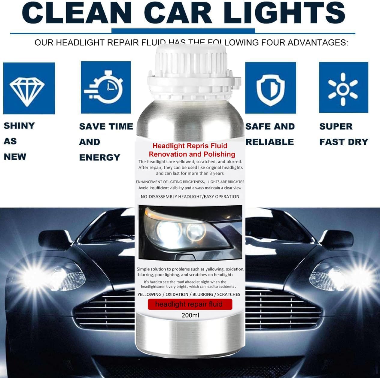 Car Headlight Restoration Kit, Auto Headlight Lens Polish Repair Kit Atomizing Cup Headlight Vapor Renovation Tool with 200ml Liquid for Repair of Scratch,Yellowed, Haze, Oxidized, Cracked Headlights