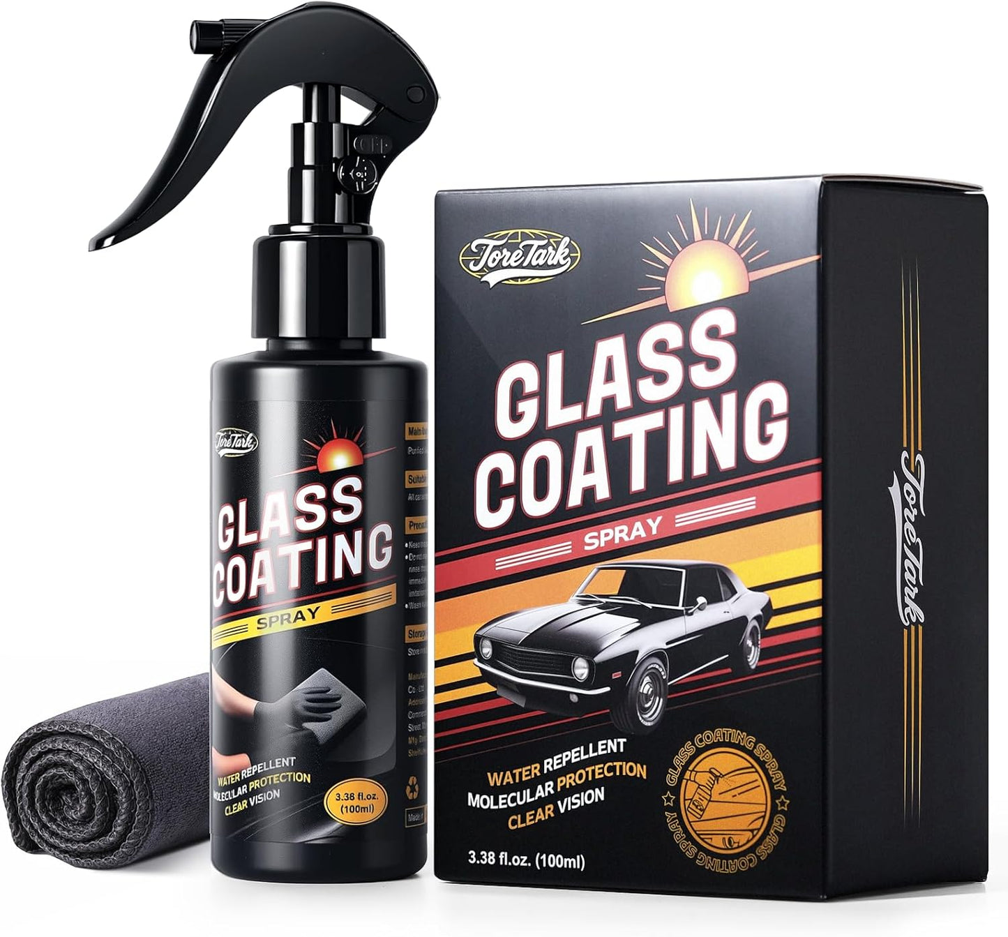 Toretark Car Ceramic Glass Coating Spray,Automotive Windshield Rain Repellent Glass Polish Protect, Long-Lasting Quick Dry Coat (3.38 fl oz +Towel)
