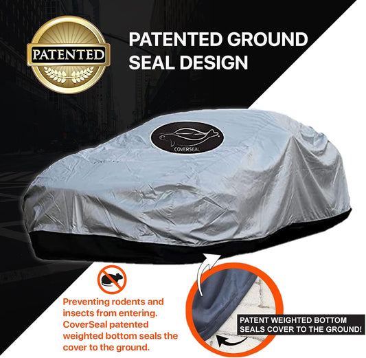 Heavy Duty Outdoor Car Cover with Patented Weighted Ground Conforming Apron Seal – Wind Resistant, Dust, & Water Protection for Automobiles - Sports Size 189 L x 75 W x 67 H inch Max