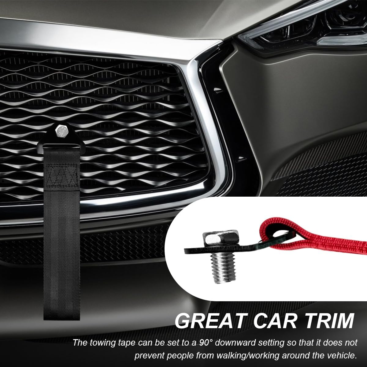 Racing Tow Strap, Stylish JDM Car Bumper Tow Strap Trailer Hook Belt for Decoration, Heavy Duty Nylon Traction Rope Universal Fit for Front or Rear Front Bumper (Black)