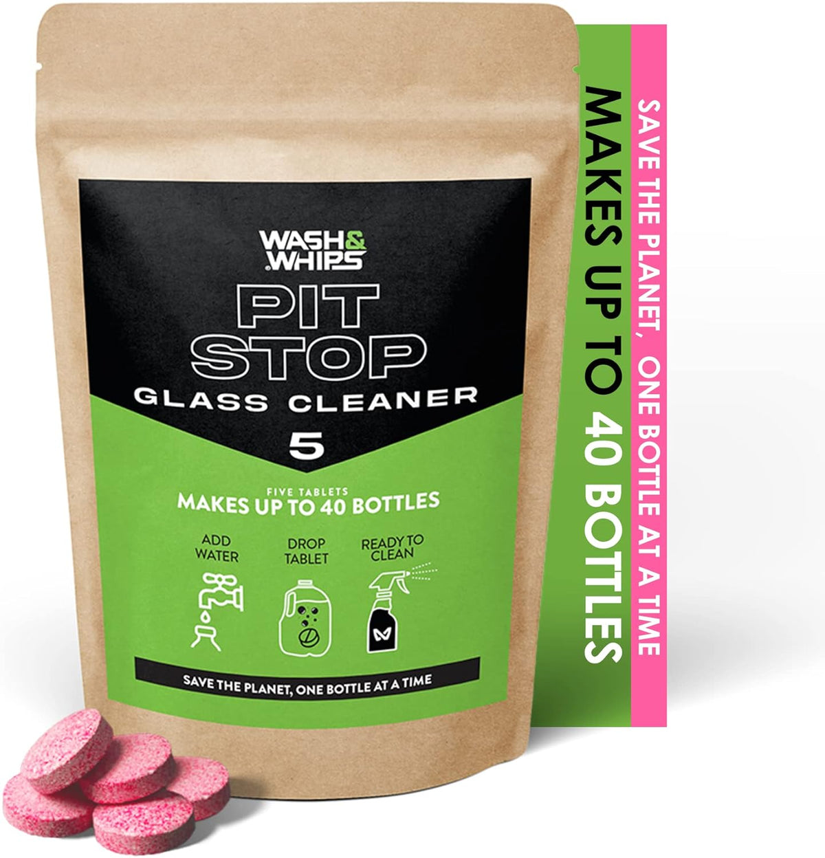 WASH&WHIPS Glass Cleaner Effervescent Tablets w/Empty 16 oz Spray Bottle (Makes 5 Gal/20L/ 40 Bottles)