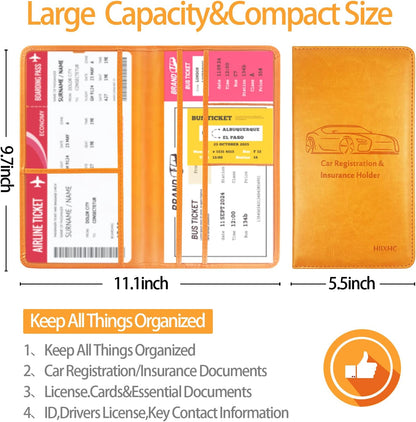 Car Registration and Insurance Card Holder - Leather Vehicle Glove Box Automobile Documents Paperwork Wallet Case Organizer for ID, Driver's License, Key, Cards - Car Accessories for Women&Men