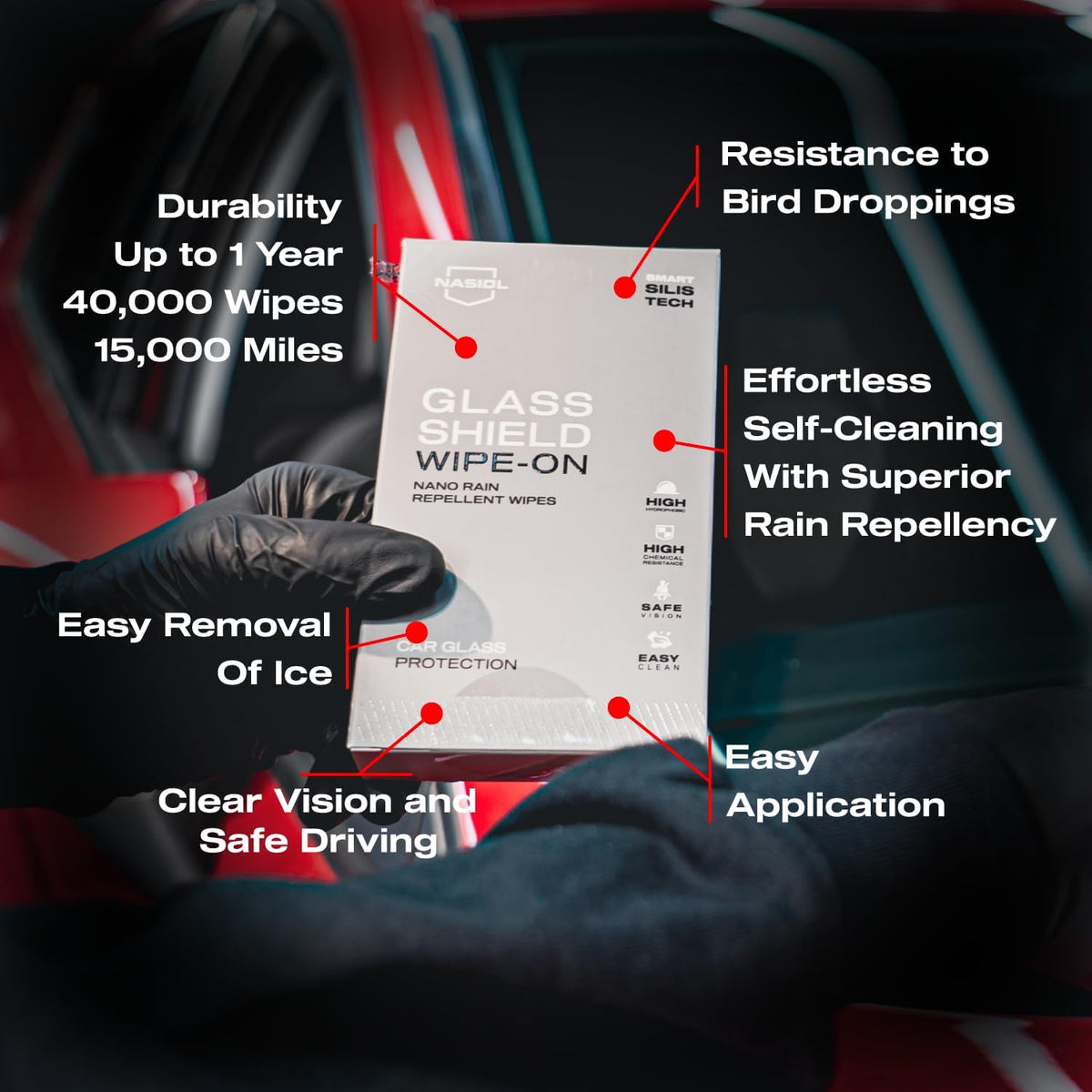 Nasiol GlasShield Wipe-On Nano Rain Repellent Wipe Kit, Ceramic Coating for Windshield, Quick & Easy Application, Easy to Clean, Car Rain-Repellant, Durable Lasts for 15,000 Miles