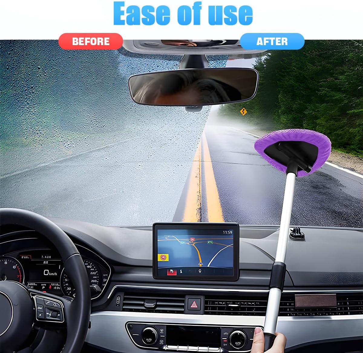 Windshield Cleaning Tool, Car Window Cleaner with Extendable Long Handle and 4 Washable Reusable Microfiber Pads, Auto Interior Exterior Glass Wiper Cleaning Kit Universal for Office and Home (Blue)