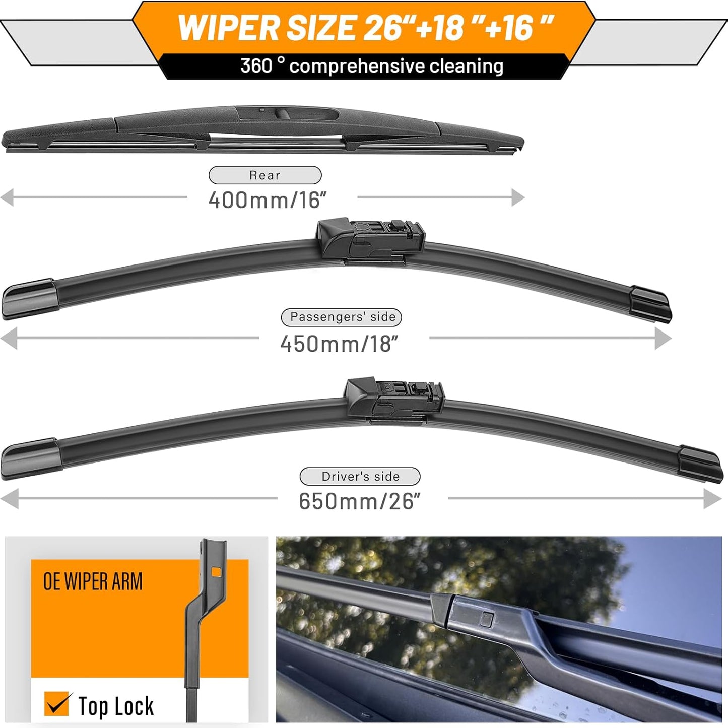 AUTOBOO 3-Pack Windshield Wiper Blades for Subaru Outback 2020-2025, Original Equipment Replacement 26"+18" Front and 16" Rear, All-Weather Performance, Easy One-Click Install