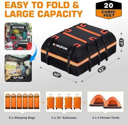 Kingfun Car Rooftop Cargo Carrier – Waterproof 20 Cubic Feet Car Roof Bag Fit All Vehicles with/Without Roof Racks, Includes Anti-Slip Mat, 8 Reinforced Straps & 6 Door Hooks, Luggage Locks（Black）