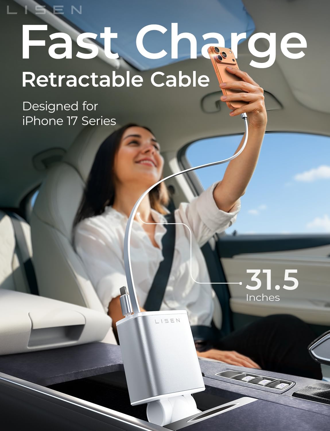 LISEN Retractable Car Charger, 84W Car Charger USB C Fast Charger, Cigarette Lighter USB Charger Adapter, Car Accessories Birthday Gifts for Men Women Dad Mom Husband, for iPhone 17 16 15 14 13 12 11