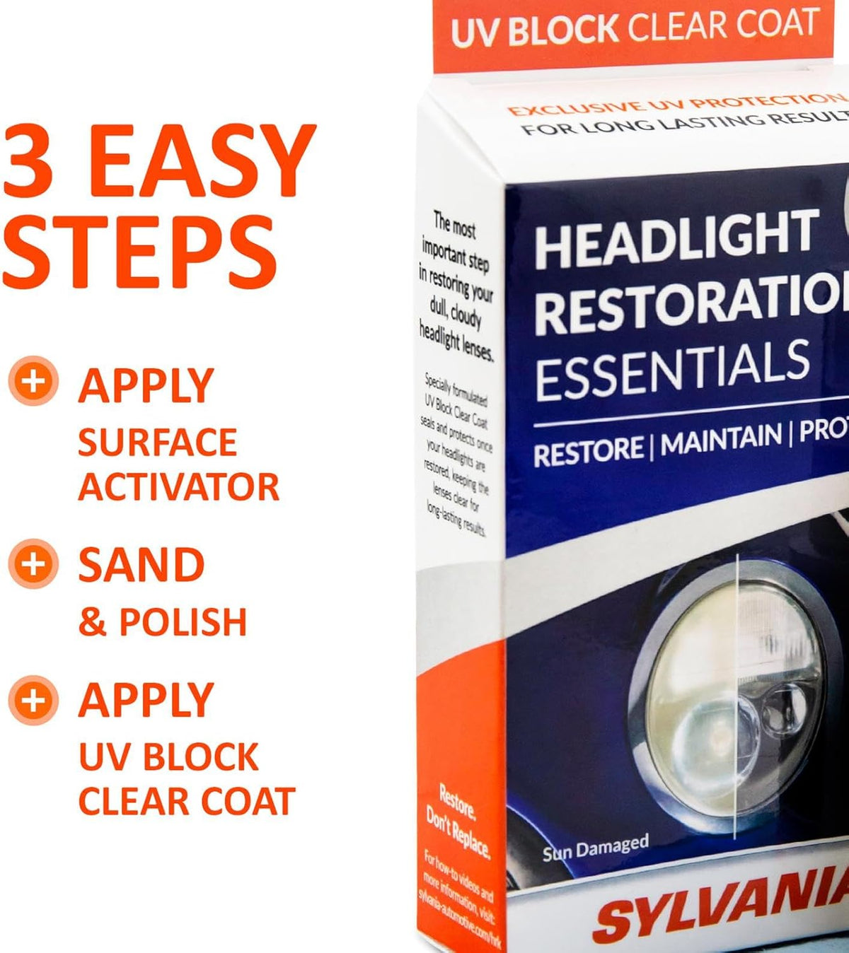SYLVANIA Headlight Restoration Kit - Long-Lasting Headlight Repair Kit for Restoring to Like-New Condition - Surface Activator, Exclusive UV Coating, Clarifying Compound & More - No Tools Required