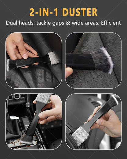 3PCS Car Interior Detailing Kit - 2 Curved Soft Bristle Brushes & 1 Dual-Head Duster | Scratch-Free Dusting for Dashboard, Vents - Fits All Vehicles (Sedans, SUVs, Trucks, ATVs)