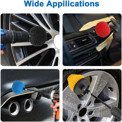 Linkstyle 5PCS Drill Polishing Ball Set, Car Wheel Polisher Sponge Pad Kit with Long Extension Pole & Cleaning Brush, Buffing Ball for 1/4" Hex Drill, Car Rim and Metal Surface Polishing Tool