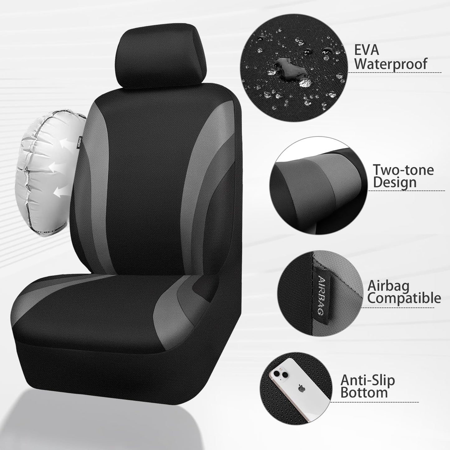 CAR PASS Line Rider Sporty Front Seat Covers,Gray Car Seat Covers Two Front Seats Only, Airbag Compatible,Universal Fit Sedans,Cars,Vans,SUV,Truck(Black and Gray)