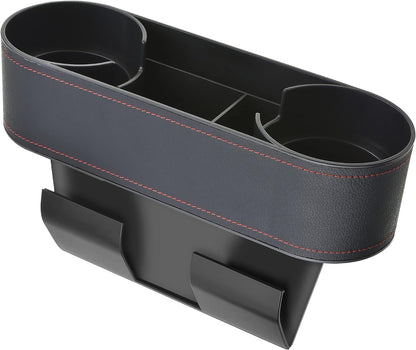 IOKONE Car Cup Holder, Auto Cup Drink Holders，Multifunctional Auto Front Seat Organizer with PU Leather Cover, Gap Filler Storage Box Coin Bucket Console Side Pocket Cell Mobile Phone Holder (Black)