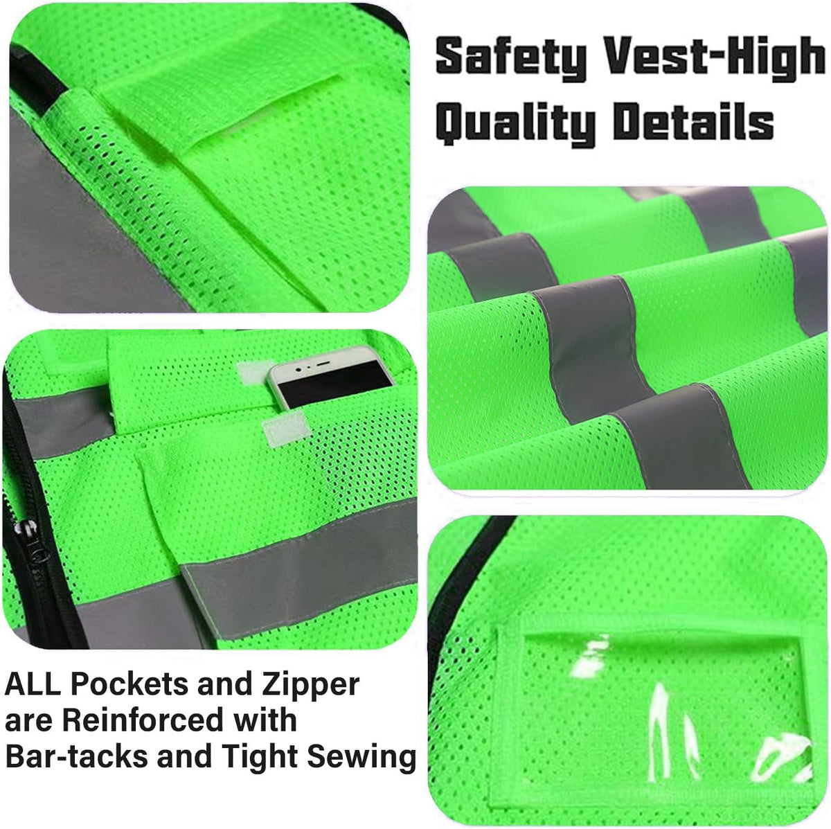 Reflective Mesh Safety Vest, Breathable Hi Vis Vest Construction Work with 5 Pockets and Zipper for Men Women