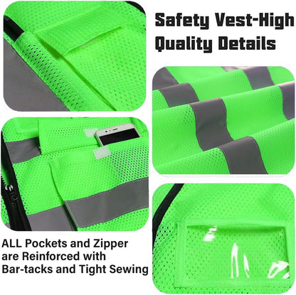 Reflective Mesh Safety Vest, Breathable Hi Vis Vest Construction Work with 5 Pockets and Zipper for Men Women