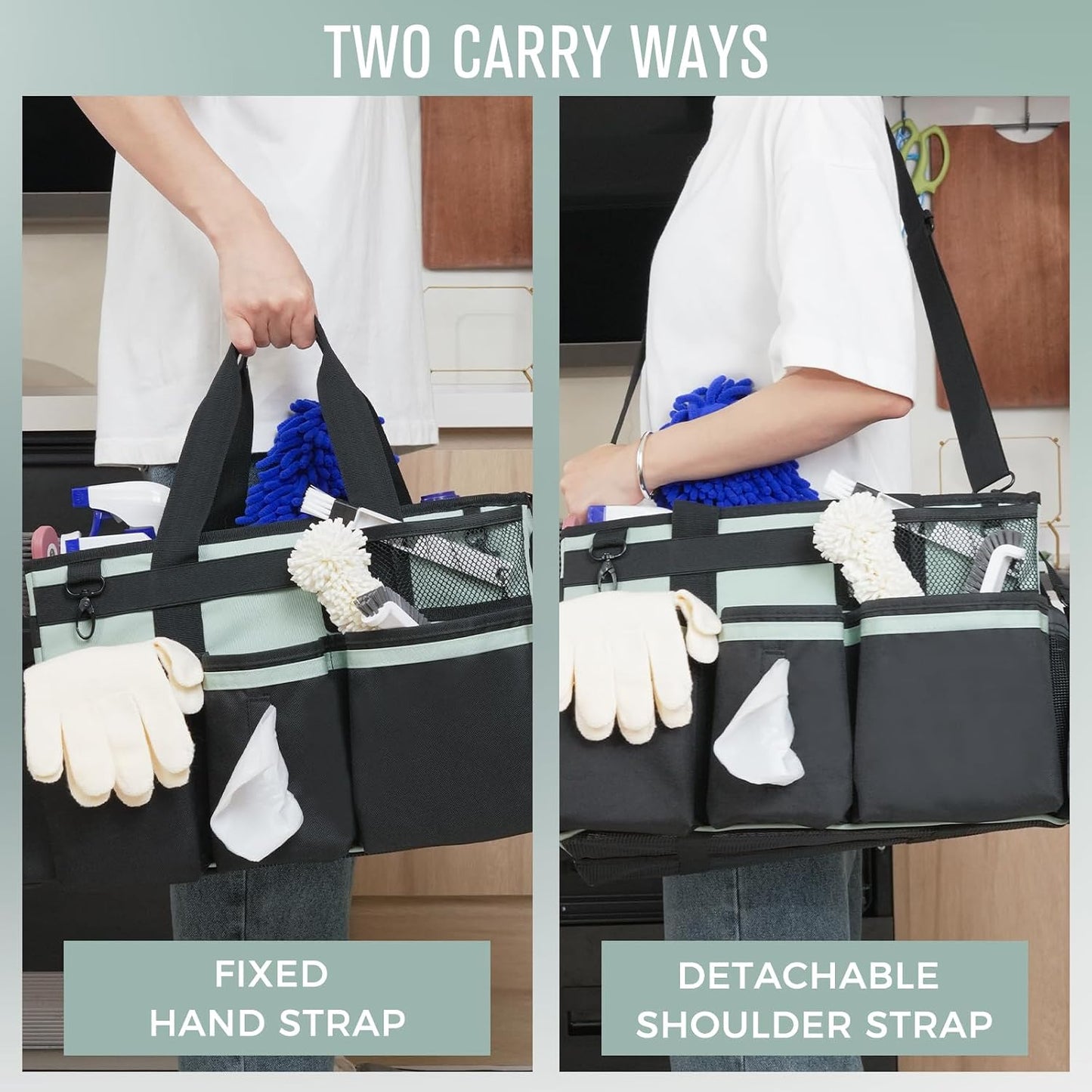SCAVATA Wearable Cleaning Caddy Organizer with Handle & Shoulder Straps for Housekeepers, Under Sink & Car Cleaning Tool Organizer Bag with 4 Foldable Dividers (Green)