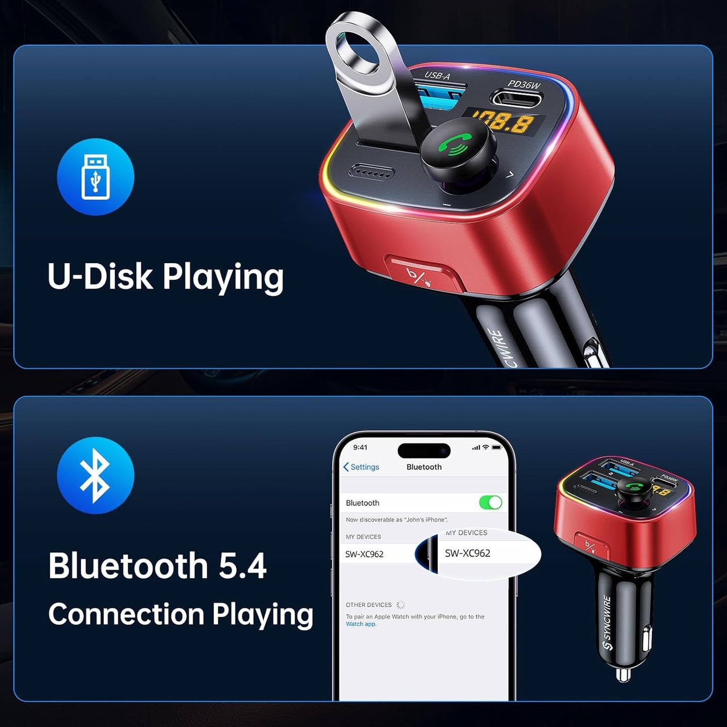 Syncwire Bluetooth 5.4 FM Transmitter Car Adapter 48W (PD 36W & 12W) [Light Switch] [HiFi Bass Sound] [Fast Charging] Wireless Radio Music Adapter LED Display Hands-Free Calling Support USB Drive