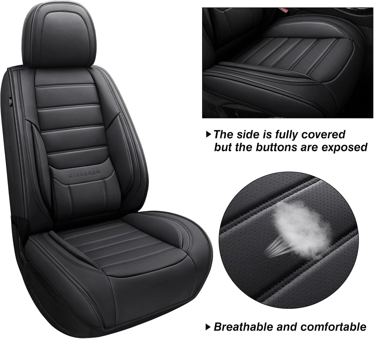 MINGBRON Car Seat Cover Full Set, Leather Car Seat Cover, Waterproof Seat Covers, Car Seat Cushion, Nappa Leather Seat Covers Car Seat Protector Universal Fit Most Cars Black