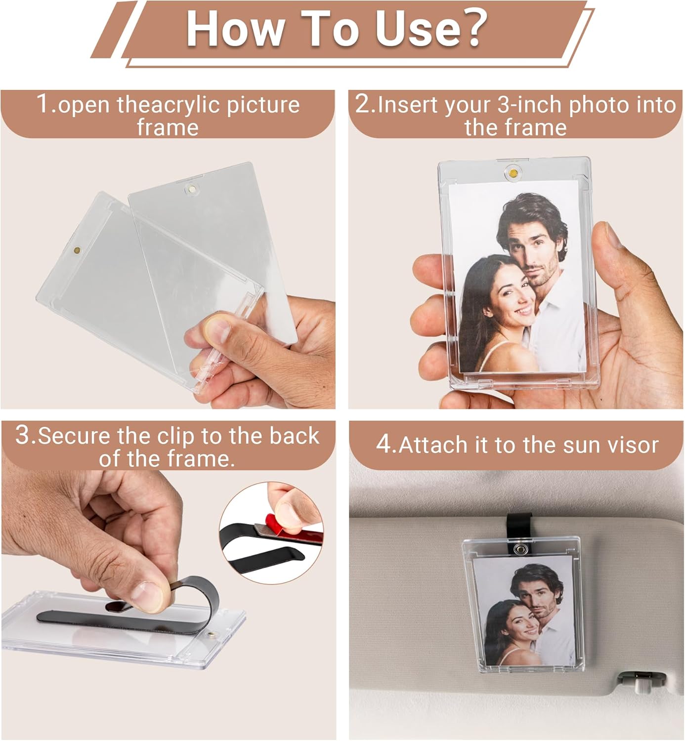 Yuoyar 4 Packs Magnetic Car Picture Holder for Visor - Car Photo Holder with Clips for Easy Display - Visor Clip Photo Frame for 3 Inch Photos