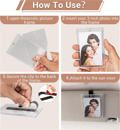 Yuoyar 4 Packs Magnetic Car Picture Holder for Visor - Car Photo Holder with Clips for Easy Display - Visor Clip Photo Frame for 3 Inch Photos