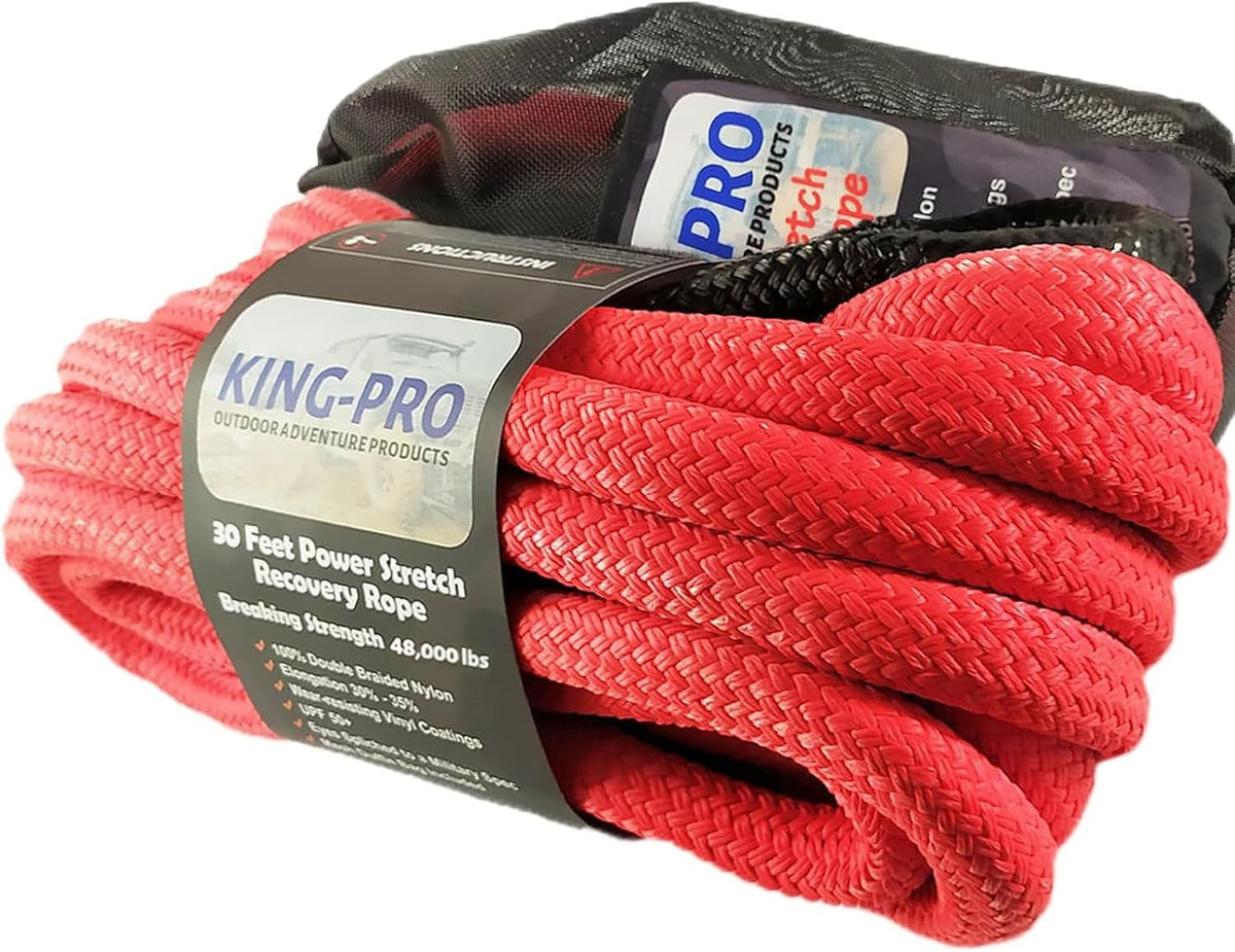 KING-PRO Kinetic Recovery Rope 1“x30' Towing Rope 48,000lbs Breaking Strength 100% Nylon Made Heavy Duty Offroad Snatch Strap 30% Elasticity for Full-Size Truck Large SUVs Offroad Vehicels (Red)