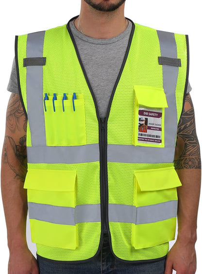 Dib Safety Reflective Safety Vest for Men Women, High Visibility Vest with Pockets and Zipper, ANSI Class 2